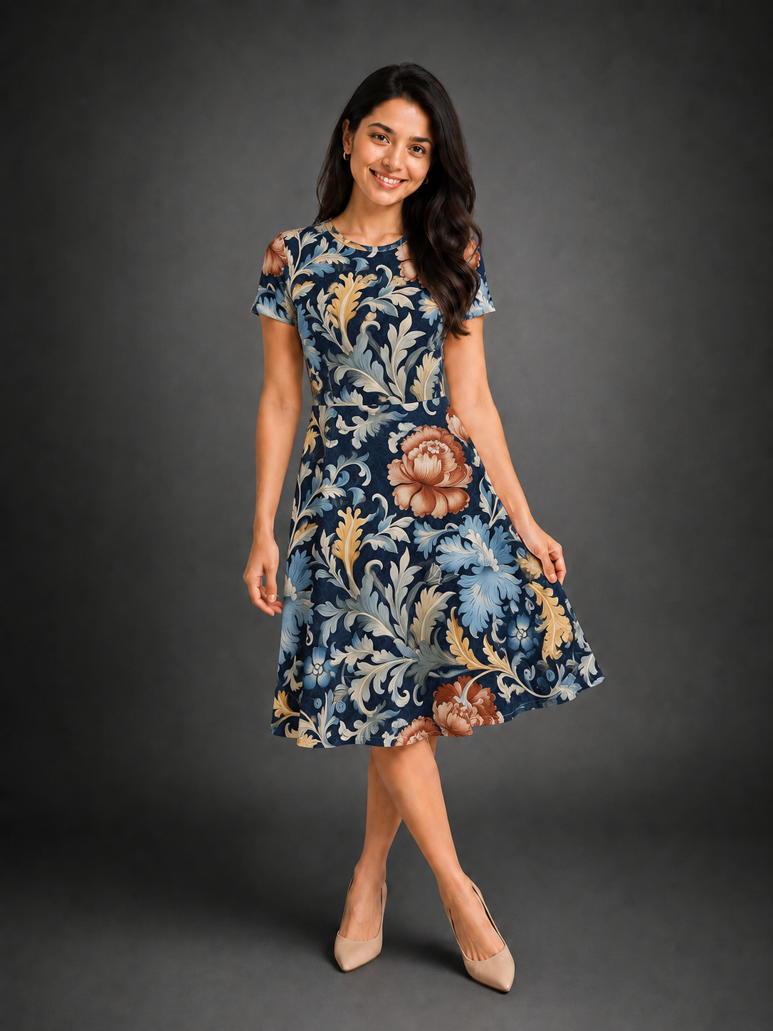Elegant Women's All-Over Print A-Line Dress | Breathable Stretch Fabric | Fade-Resistant Fit & Flare