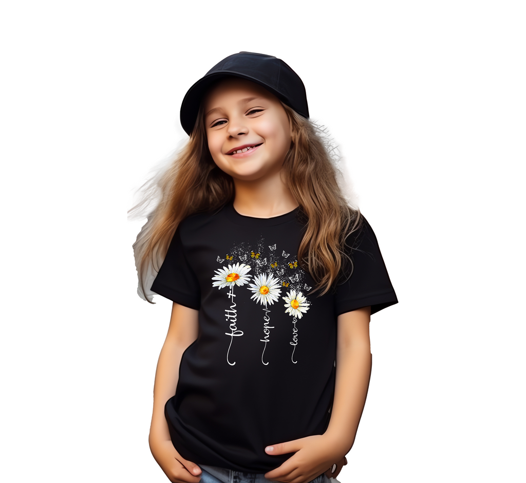 Faith Hope Love Printed T-Shirt for Boys & Girls | 100% Cotton Classic Crew Neck | Soft Everyday Christian Wear
