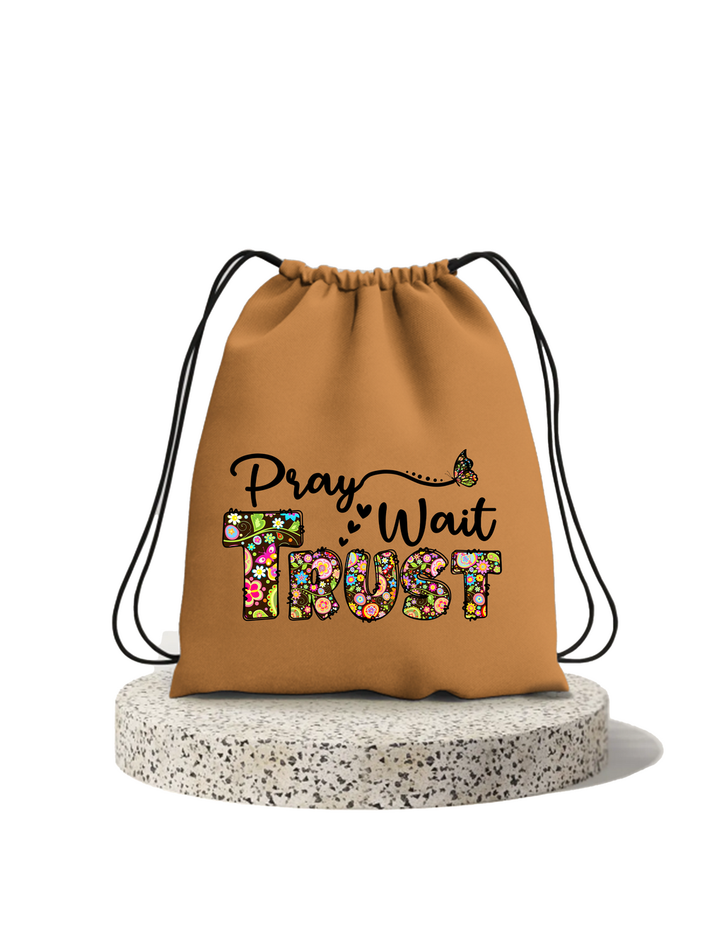 Pray Wait Trust Drawstring Cotton Bag | Premium Christian Sport & Travel Bag