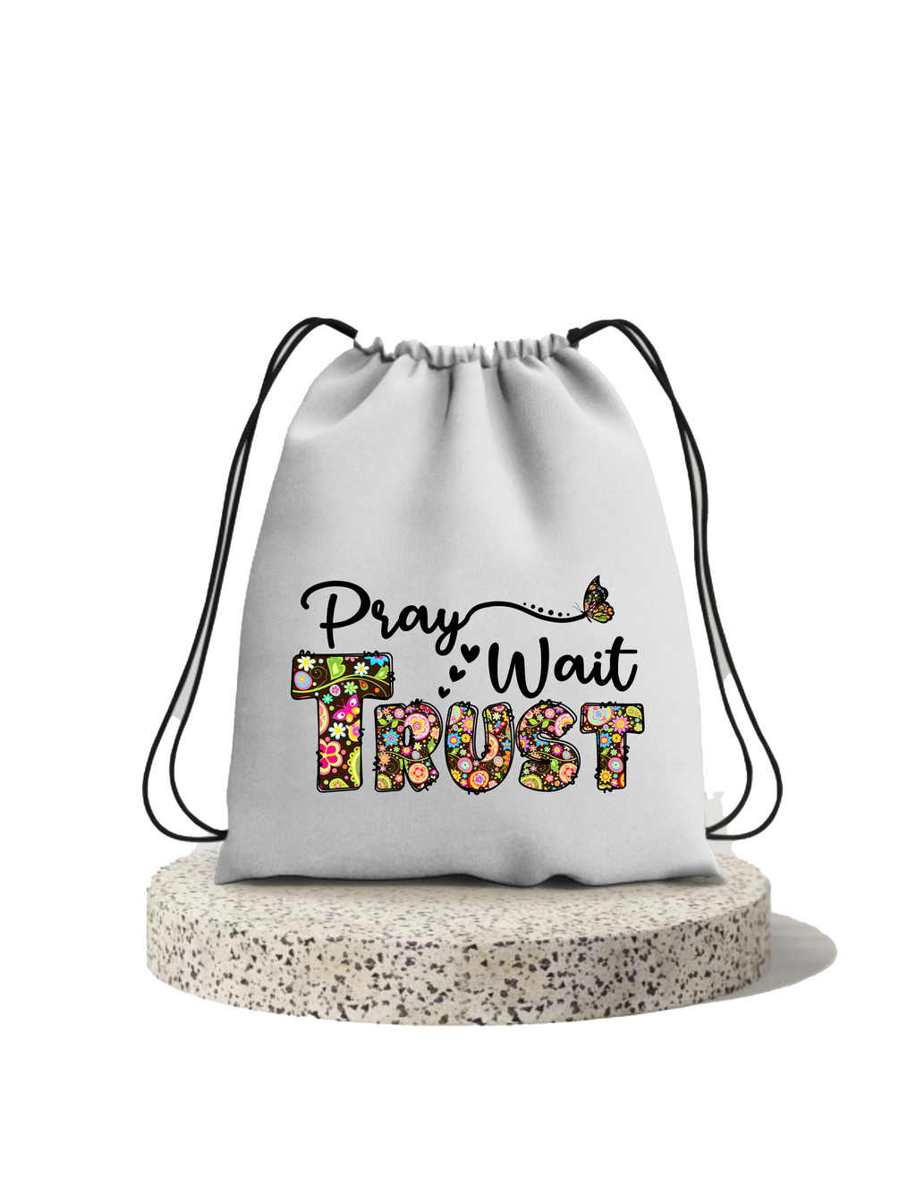 Pray Wait Trust Drawstring Cotton Bag | Premium Christian Sport & Travel Bag